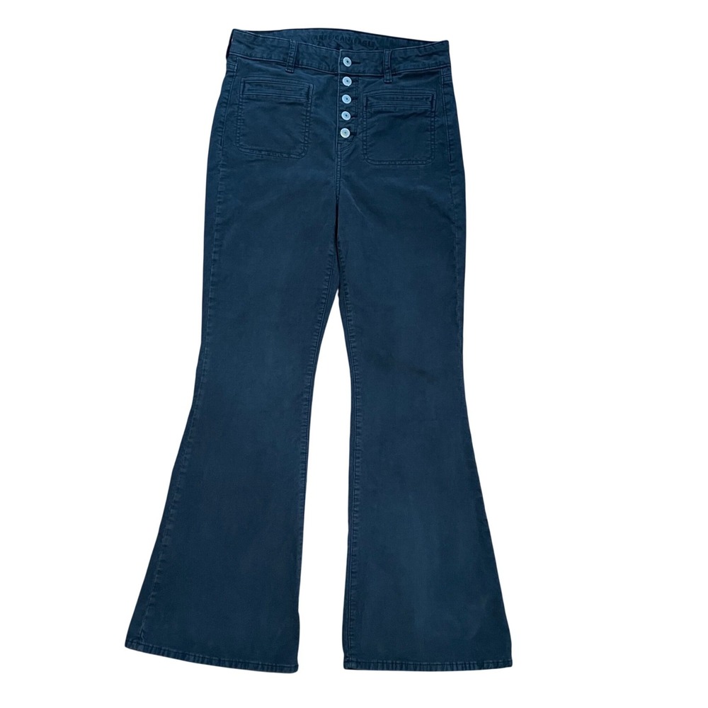 American Eagle High Rise Corduroy‎ Flare Button Fly Pants Women Size 8 Blue Gray